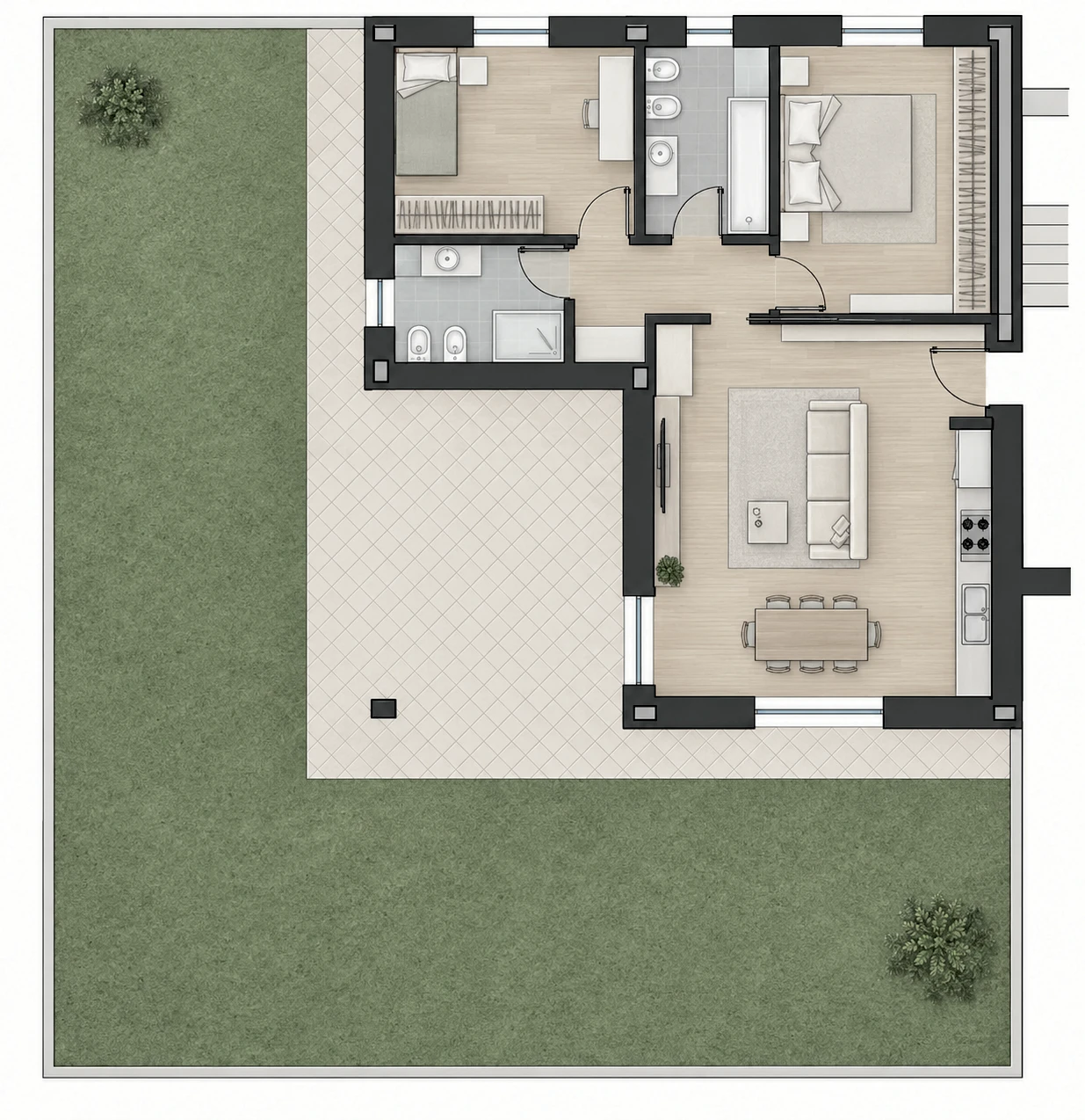 Planimetria appartamento 1, Trilocale, Piano terra, con box e cantina