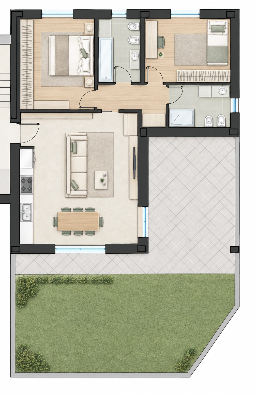 Planimetria appartamento 5, Trilocale, Piano terra, con box e cantina