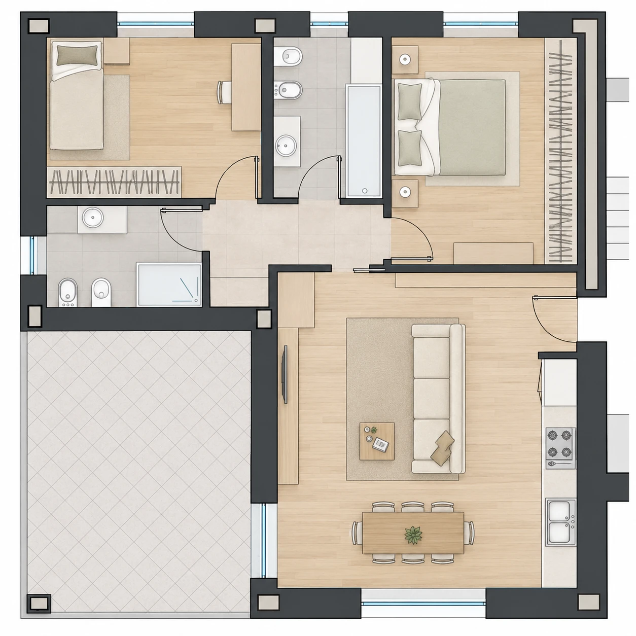 Planimetria appartamento 6, Trilocale, Piano primo, con box e cantina