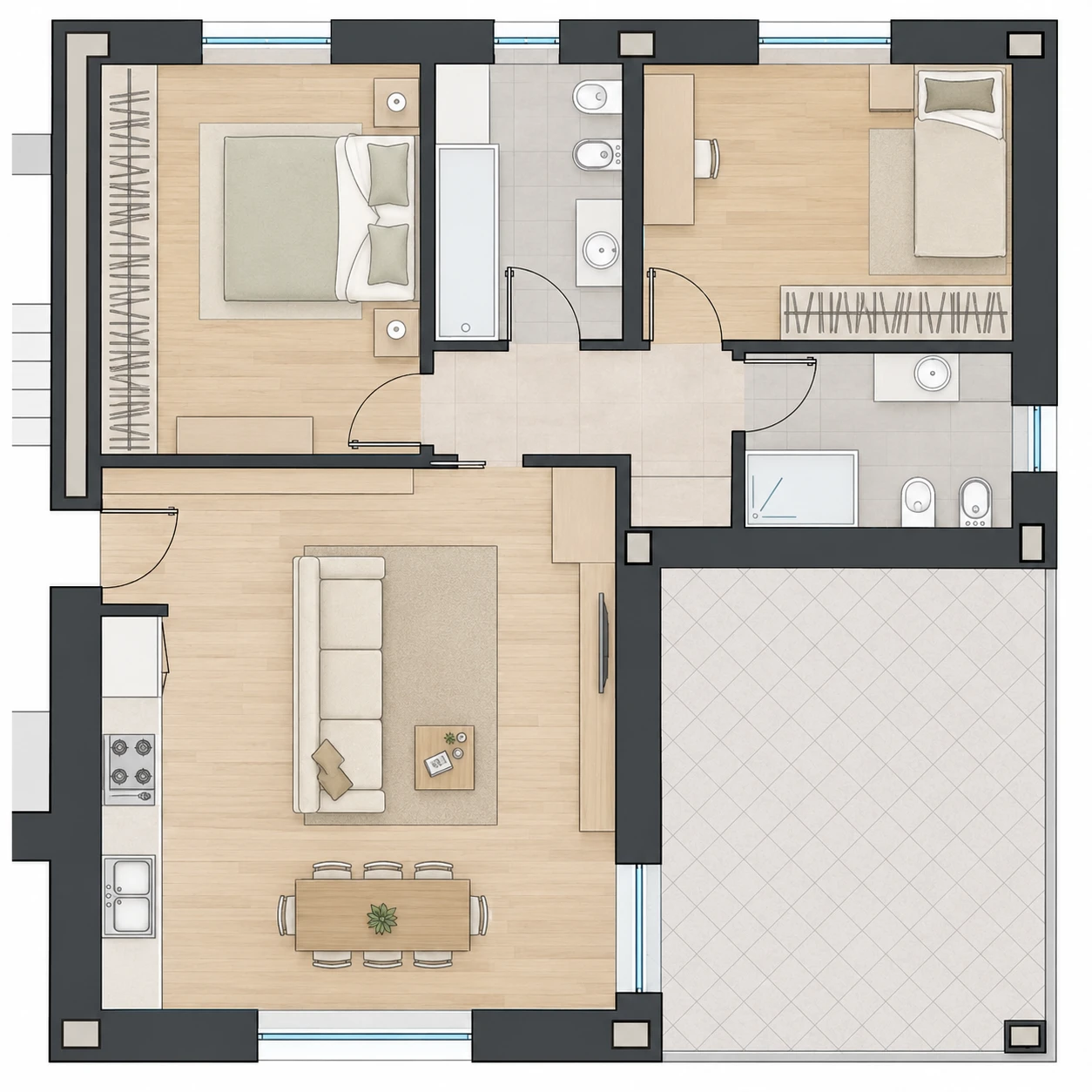 Planimetria appartamento 9, Trilocale, Piano primo, con box e cantina