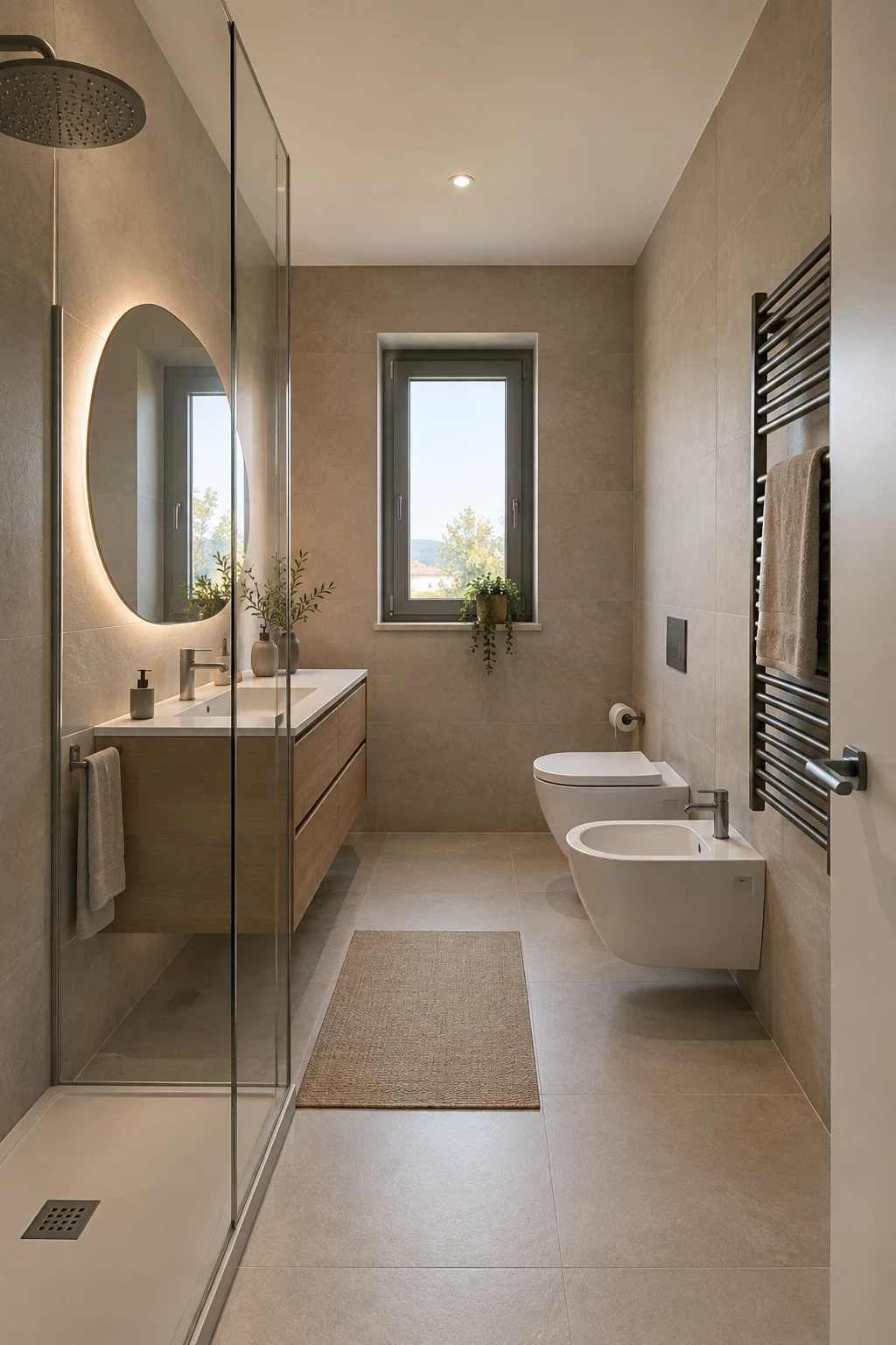 Render illustrativo di un bagno moderno con rivestimenti dai toni neutri