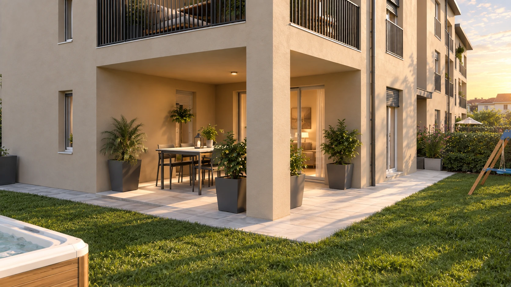 Render illustrativo Nova Oasis: giardino e portico