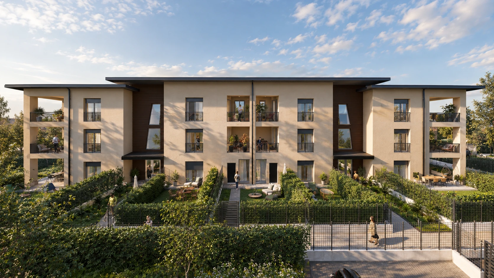 Render illustrativo frontale di Nova Oasis: facciata, terrazzi e giardini privati