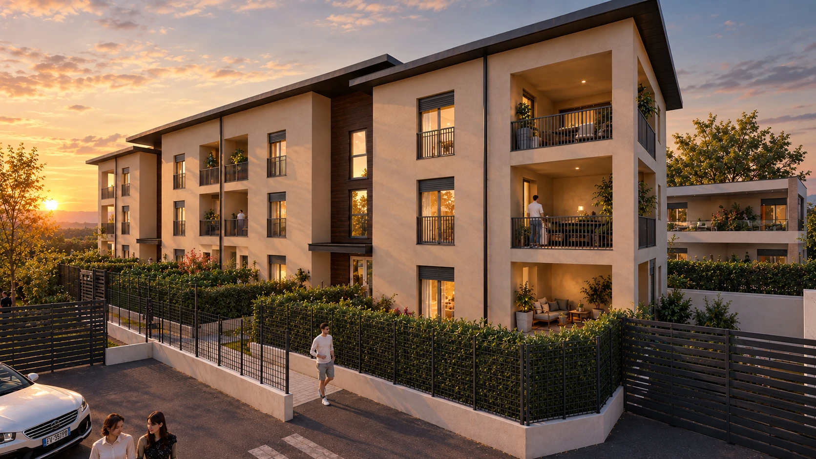 Render illustrativo Nova Oasis: la residenza al tramonto