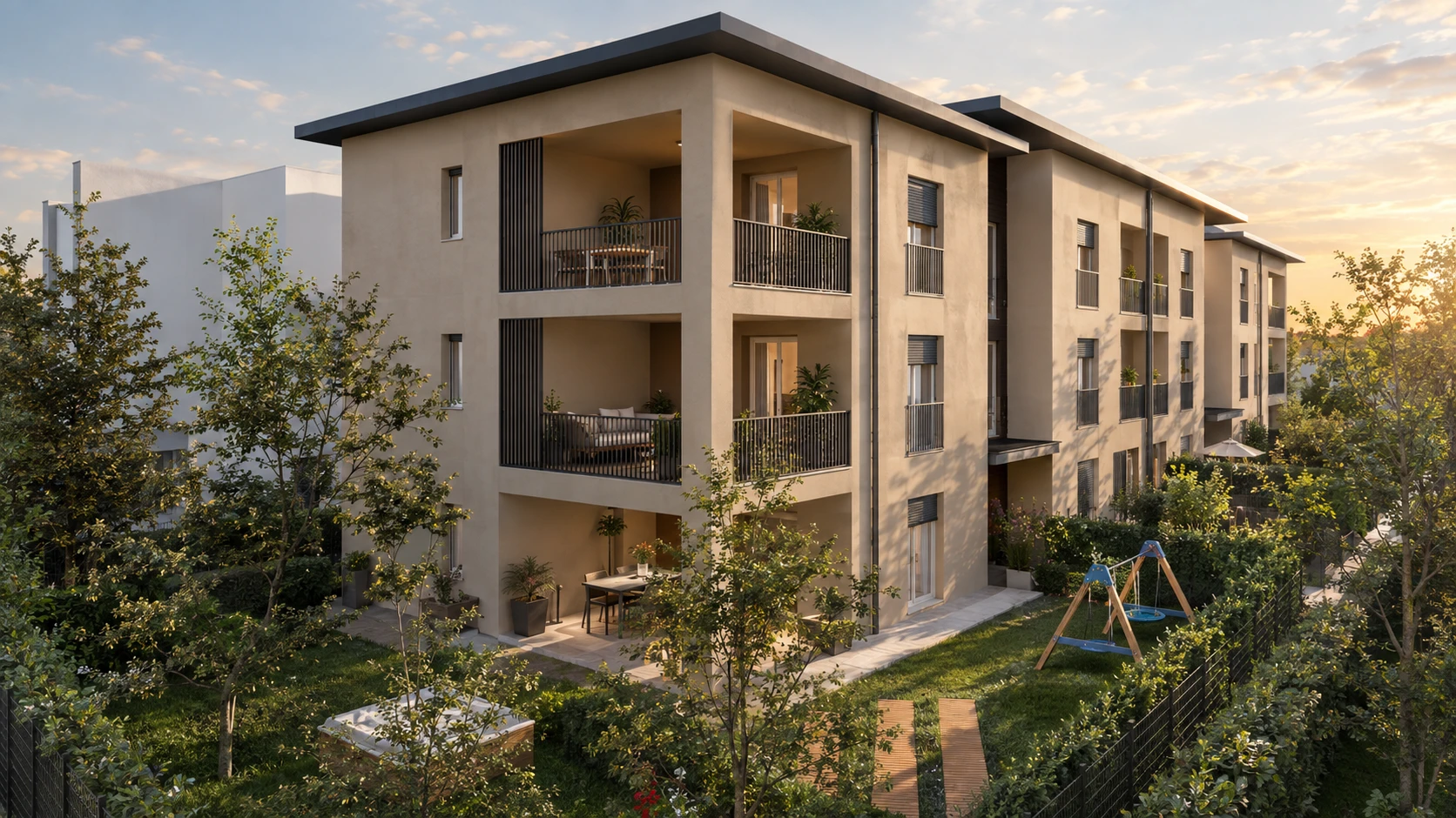 Render illustrativo Nova Oasis: la residenza e il verde